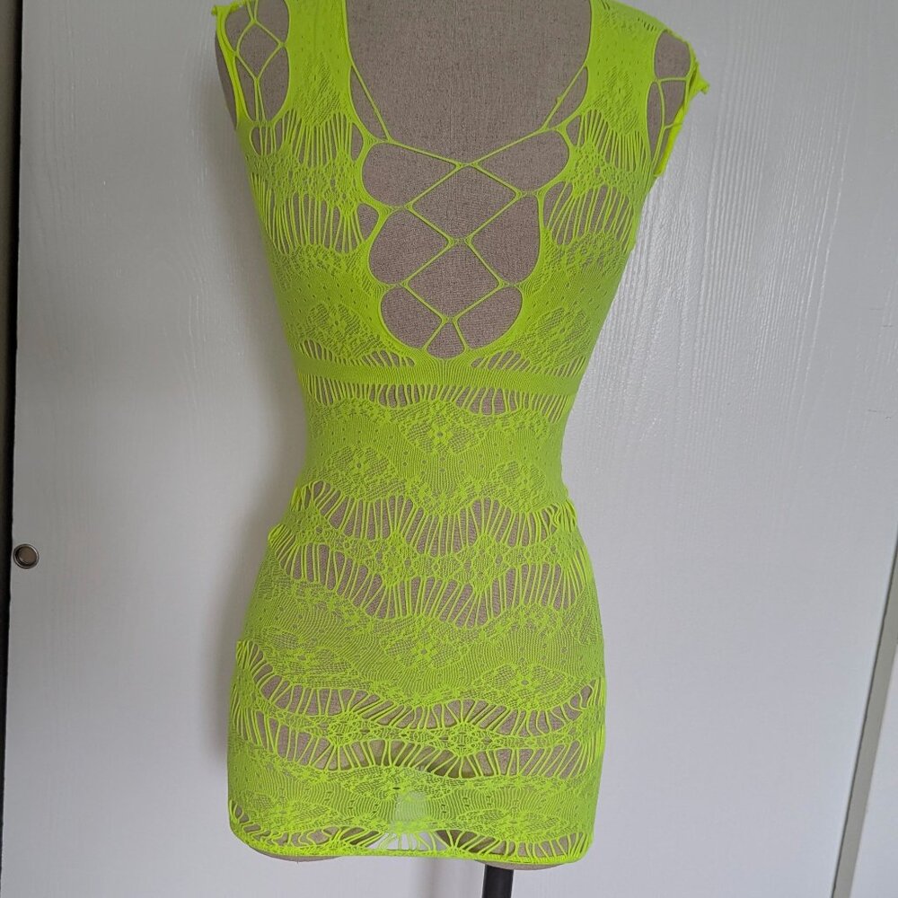 (OS) Neon Yellow Seleeveless Lace Mesh Fishnet Lingerie Mini Dress